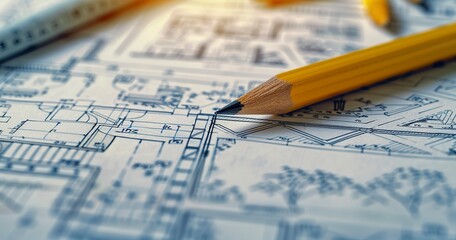 Poster - Drawing urban redevelopment plans, close view, twilight, wide angle, blueprint for community revival. 