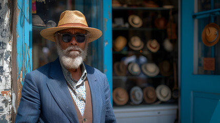 Poster - Older man wearing a hat outside of a tropical hat shop 