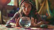 Gypsy female fortune teller guessing future using magic crystal ball. Mysterious atmosphere. AI Generated 