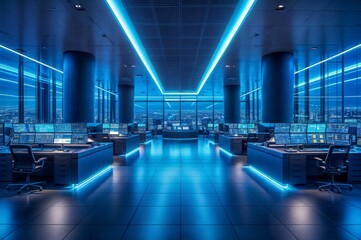 Poster - a modern office interior with blue neon lights.
