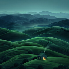 Wall Mural - Scenic Landscape of meadow filed hills layers at dramatic misty night with a little house in the middle 