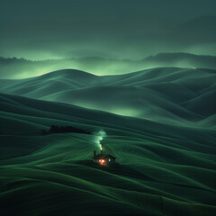 Wall Mural - Scenic Landscape of meadow filed hills layers at dramatic foggy night with a little house in the middle 