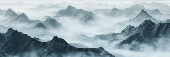 Wall Mural - Scenic Landscape of mountain layers at dramatic foggy morning 