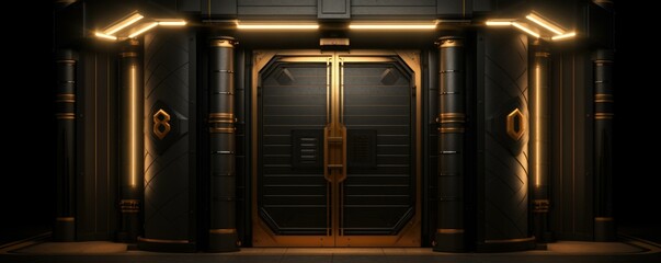 Sticker - A black door with lights on it in a dark room. Generative AI.