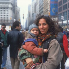 Wall Mural - A woman holding a child in her arms while walking down the street. Generative AI.