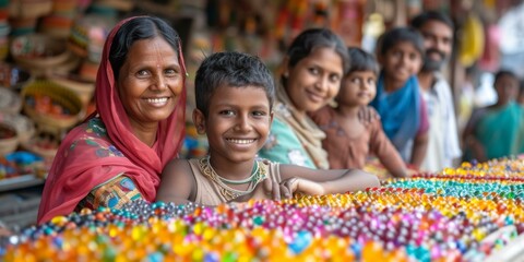 Wall Mural - A group of people standing in front of a table with colorful candies. Generative AI.