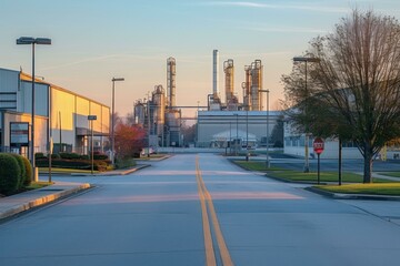 Canvas Print - A street with a factory in the background and trees. Generative AI.