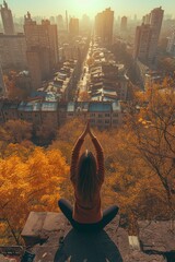 Wall Mural - A woman sitting on a ledge overlooking the city with her hands in prayer. Generative AI.