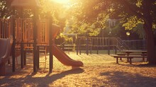 An Empty Playground Bathed In Golden Sunlight, Waiting For The Laughter And Laughter Of Children.