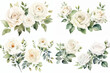Watercolor  white roses set isolated  on white background.  Clip arts for graphic resources. 