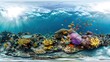 Underwater panorama 360 of coral reef on the red sea under water ocean landscape with colorful tropical fish marine life  , Generative ai, 