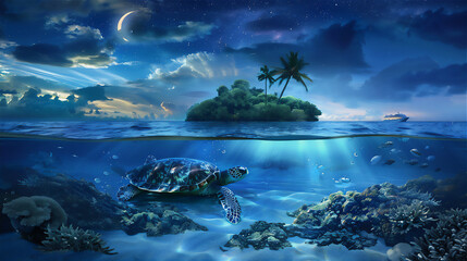 Wall Mural - scenic Beach with island and coconut trees with turtle under clear water at night with stars and crescent moon