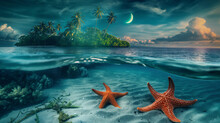 Scenic Beach With Island And Coconut Trees With Two Starfishes Under Water At Night With Stars And Crescent Moon