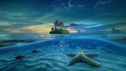 Wall Mural - scenic Beach with island and coconut trees with starfish under water at night with stars and crescent moon