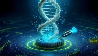 Wall Mural - Surreal depiction of DNA helix ascending amidst glowing neon rings, ideal for scientific articles, genetic research, and tech-inspired design projects