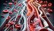 Artistic representation of a healthy versus diseased artery with detailed blood cells and plaque buildup for medical diagnostics and educational use