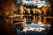 A wooden rowboat floating on a calm river, with the reflections of trees and clouds mirrored on the water's surface.