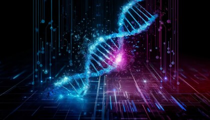 Wall Mural - Digital rendering of a DNA helix in a futuristic cyber environment, suitable for genetics research, biotechnology presentations, and educational content