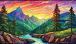Vibrant Stained Glass Mosaic Sunset Mountain Landscape