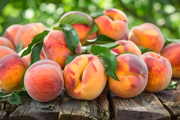 Canvas Print - Ripe and Juicy Organic Peaches and Nectarines on Rustic Wooden Table with Fresh Green Leaves