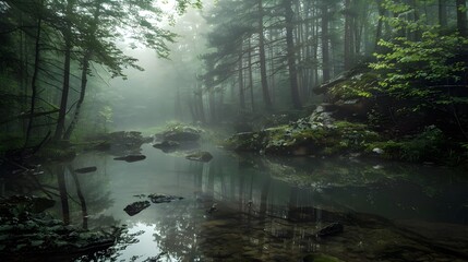 Poster - Serene Misty Forest Landscape with Tranquil Pond Reflection