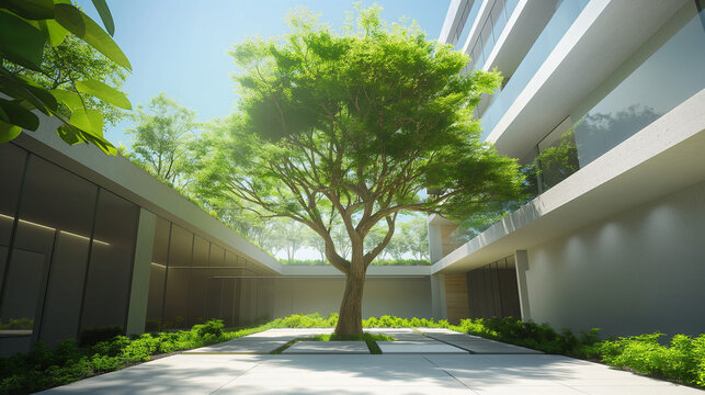A tree inside a modern green building. Eco-friendly sustainable building architecture to reduce carbon dioxide (CO2). Vertical 
