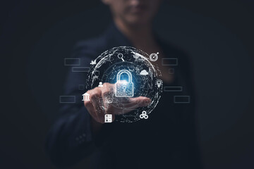 Poster - Cyber ​​security protection concept, personal data protection and financial transaction protection. Security lock technology protects personal information on smartphones.