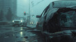 A foggy city witnesses a car wreck, portrayed with close-up intensity in dark gray and light bronze.