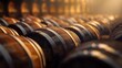 Wine barrels line up in a wooden cellar, creating a motion-blurred panorama in dark amber and bronze.