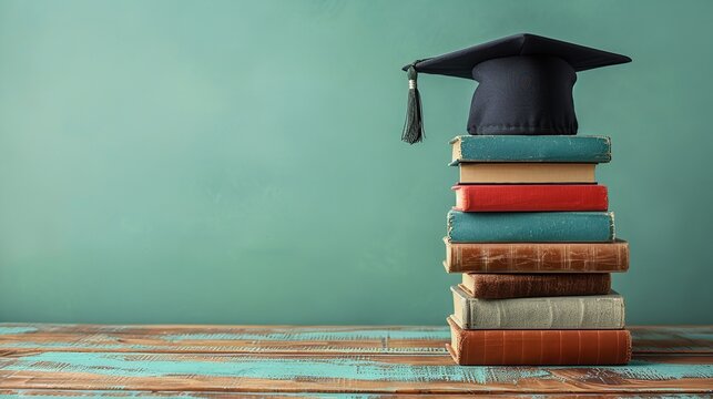 A cap celebrating graduation perched atop a pile of books structured across a wooden table over a pale green backdrop and space, Generative AI.