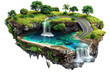3d illustration of floating road with mountains island, Creative piece of land with waterfall and ocean with beautiful landscape, isolated on white background