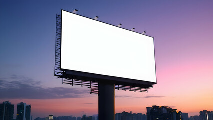 Blank white large horizontal billboard at twilight for advertising placement.