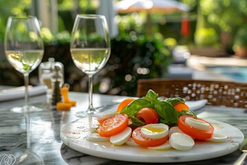 Wall Mural - A white plate filled with sliced tomatoes and veggies, showcasing a delicious Caprese salad in an outdoor dining setting