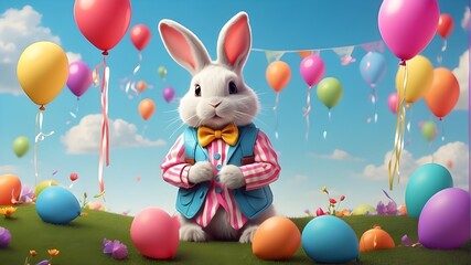 Wall Mural - a white bunny dressed in Easter attire} surrounded by colorful balloons against a whimsical springtime backdrop. The art style is playful and charming, with bright colors and lively character designs.