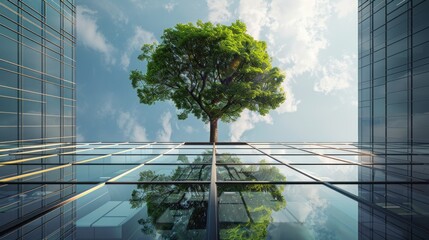 Wall Mural - Sustainable green building, Eco friendly building. Sustainable glass office building with tree for reducing carbon dioxide, Office with green environment, Corporate building reduce CO2, Safety glass