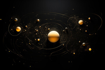  Science, technology, sci-fi, landscape concept. Solar system with round various planets and spinning trails surreal and abstract background with copy space