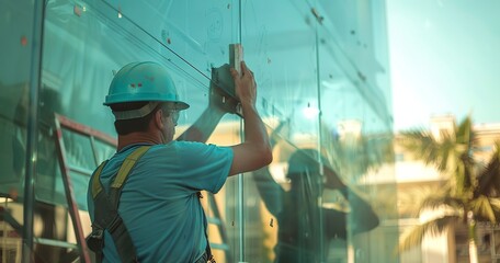 Canvas Print - Architectural glass being installed for an indoor partition, close view, natural backlight, wide lens, space transformation.