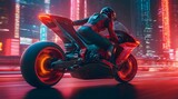 "Neon Velocity: Racing Red Bike in Futuristic Night Race"