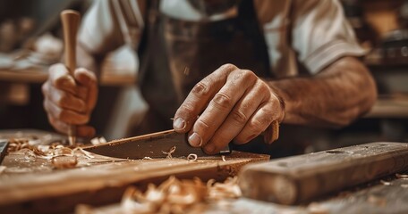 Wall Mural - Carpenter's hands chiseling wood detail, close view, soft indoor light, wide lens, craftsmanship. 