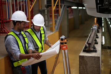 Two skilled electric train engineers are diligently surveying and checking to ensure the plan matches the blueprint and survey camera in the electric train maintenance shop, to submit work on the spec