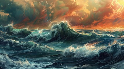 Wall Mural - A painting of a large wave crashing into the ocean