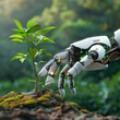 robot in the garden, a robot hand holding a plant, 
AI empowers sustainability and smart innovation HD high-resolution