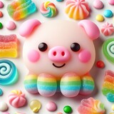 Fototapeta Zwierzęta - a cute Pig made of pastel color rainbow gummy candy with candies around on a white background