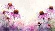 Over a white backdrop painted in watercolor with purple coneflowers as embellishment splattered purple color and space, Generative AI.