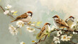 Sparrow birds perched on branch with delicate white flowers. Evokes traditional Chinese painting style. Ideal for spring or summer themes, Generative ai