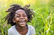 Portrait of a joyful African kid against a green grass backdrop with a big space for text or product, Generative AI.