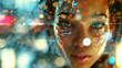 A futuristic android woman is digitally enhanced, shown in a futuristic urbanity style with serene faces.
