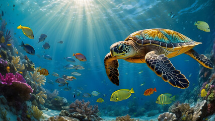 Wall Mural - A sea turtle swimming elegantly