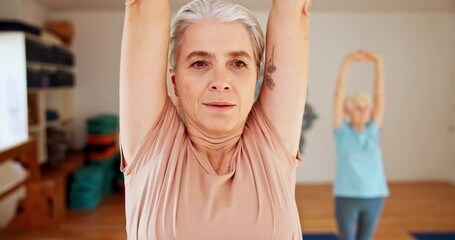 Wall Mural - Senior woman, yoga and zen with class for stretching, spiritual wellness or balance together. Elderly people or yogi teaching group with breathe for warm up, workout or pilates in exercise or fitness