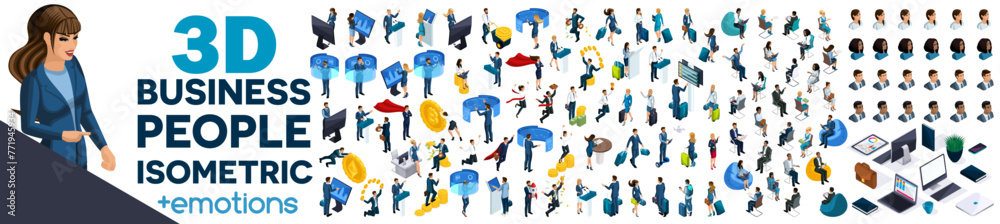 Large set of isometric, 3D Businessmen and businesswomen with gadgets ...